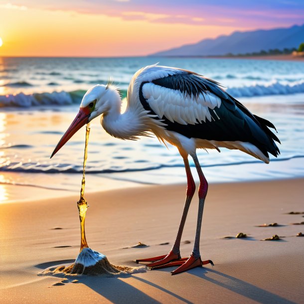 Image d'une boisson d'une cigogne sur la plage