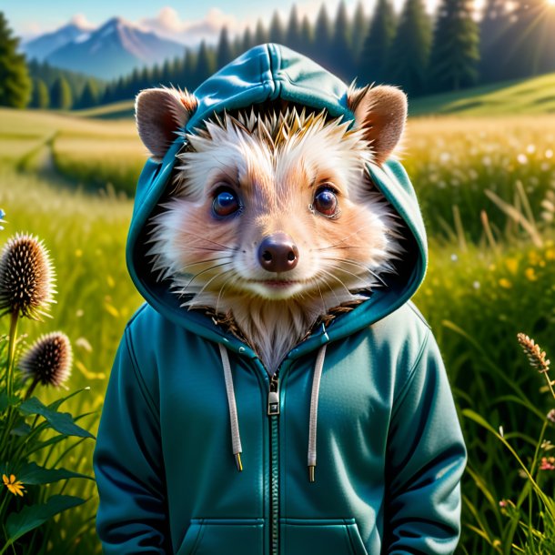 Picture of a hedgehog in a hoodie in the meadow