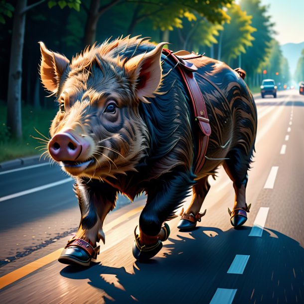 Illustration of a boar in a shoes on the road