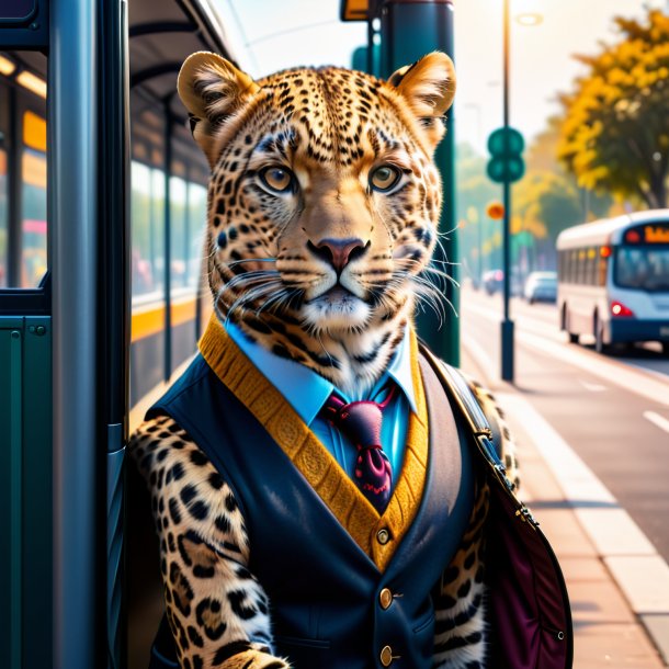 Photo of a leopard in a vest on the bus stop