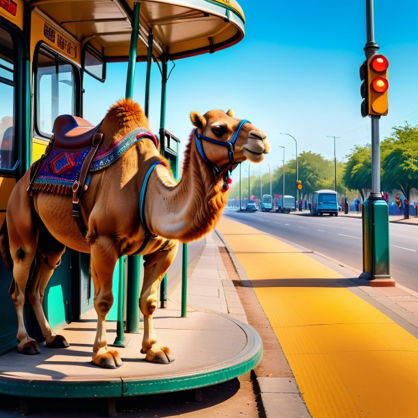 Image of a camel in a shoes on the bus stop