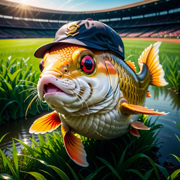 Image of a carp in a cap on the field