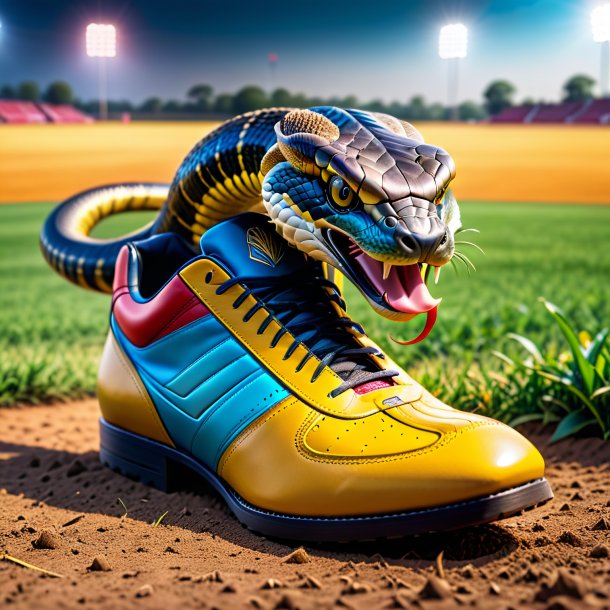 Foto de uma cobra em um sapatos no campo