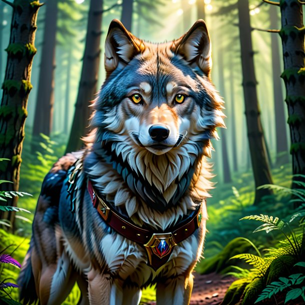 Photo of a wolf in a belt in the forest