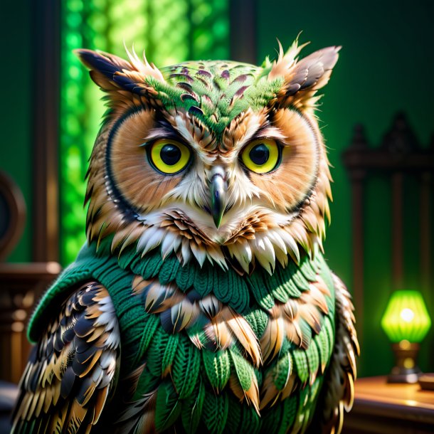 Photo of a owl in a green sweater