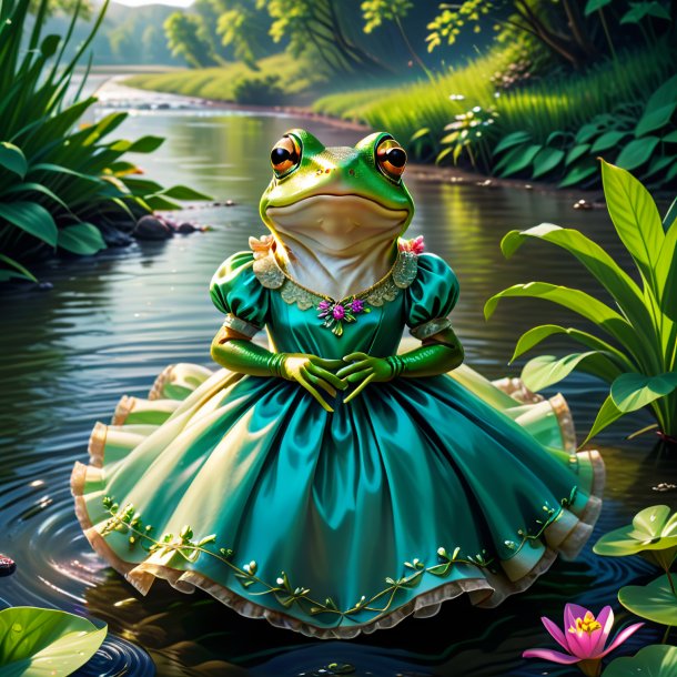 Illustration of a frog in a dress in the river