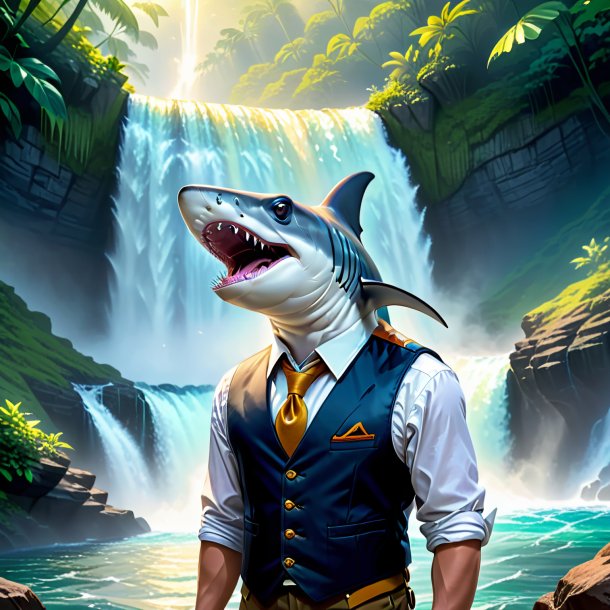 Drawing of a hammerhead shark in a vest in the waterfall