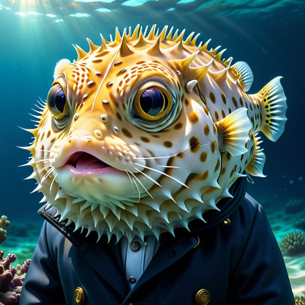 Drawing of a pufferfish in a coat in the sea