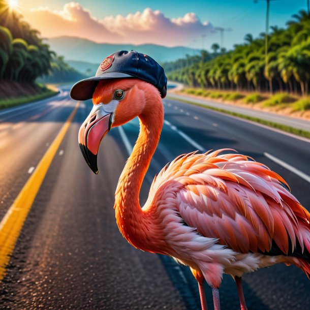 Imagem de um flamingo em um boné na rodovia