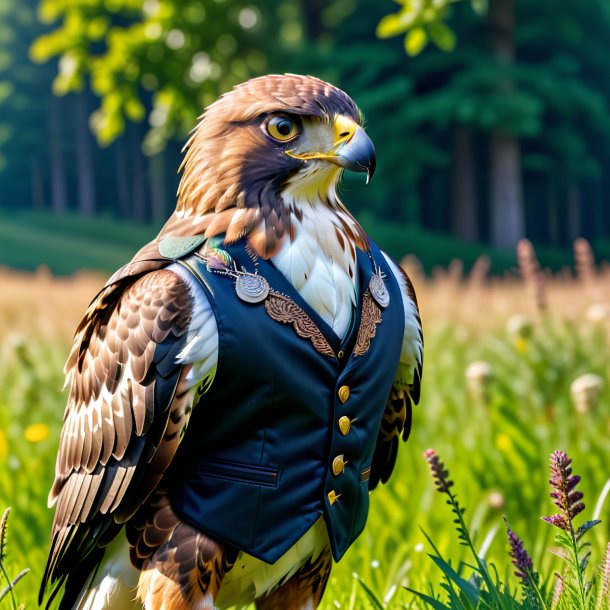 Foto de um falcão em um colete no prado