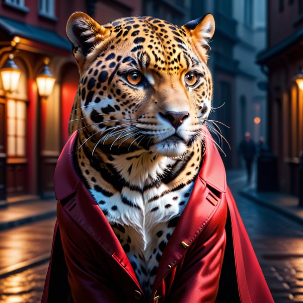 Foto de um jaguar em um casaco vermelho