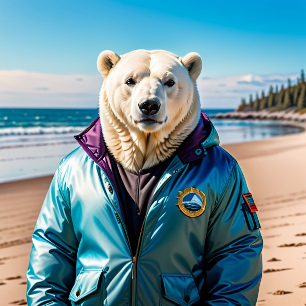 Imagem de um urso polar em uma jaqueta na praia