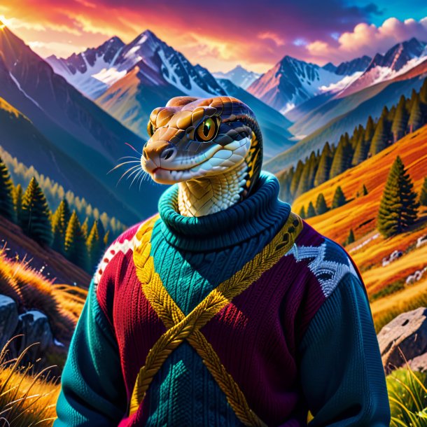 Picture of a snake in a sweater in the mountains