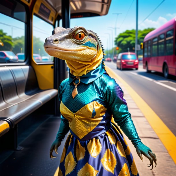 Image d'un lézard de moniteur dans une robe sur l'arrêt de bus