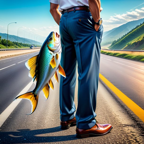 Pic d'un poisson dans un pantalon sur l'autoroute