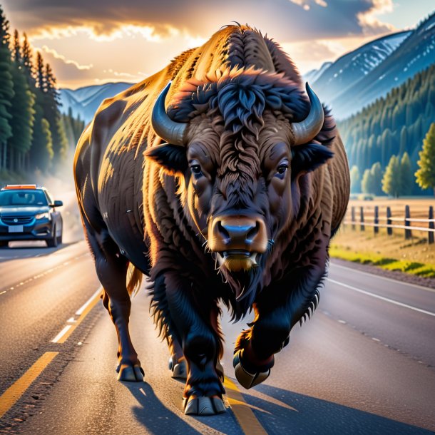 Photo of a crying of a bison on the road