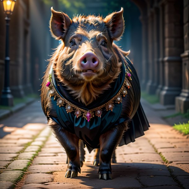 Picture of a boar in a black skirt