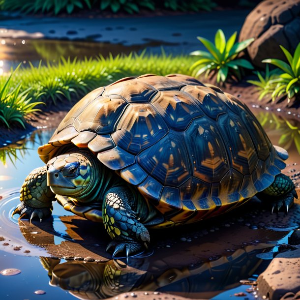 Photo of a sleeping of a tortoise in the puddle