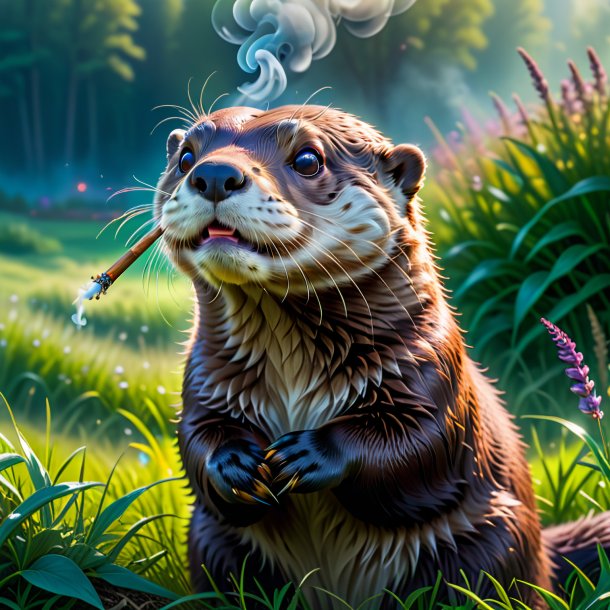 Image of a smoking of a otter in the meadow