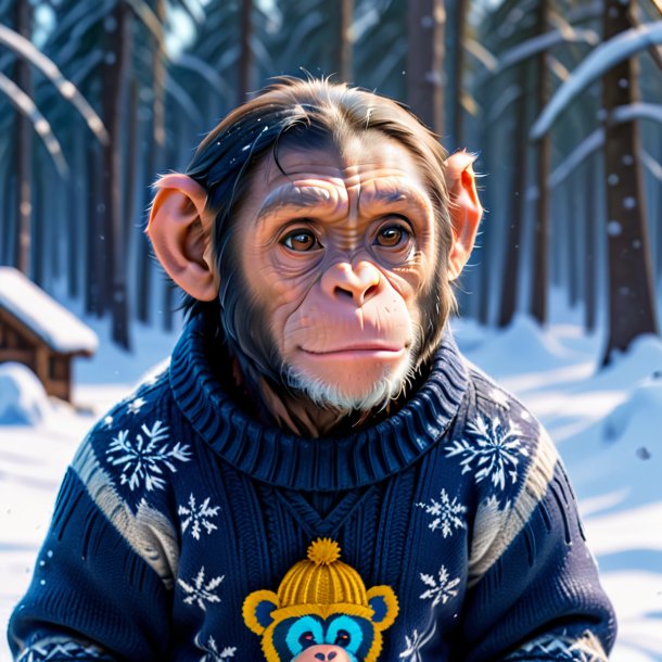 Photo of a chimpanzee in a sweater in the snow