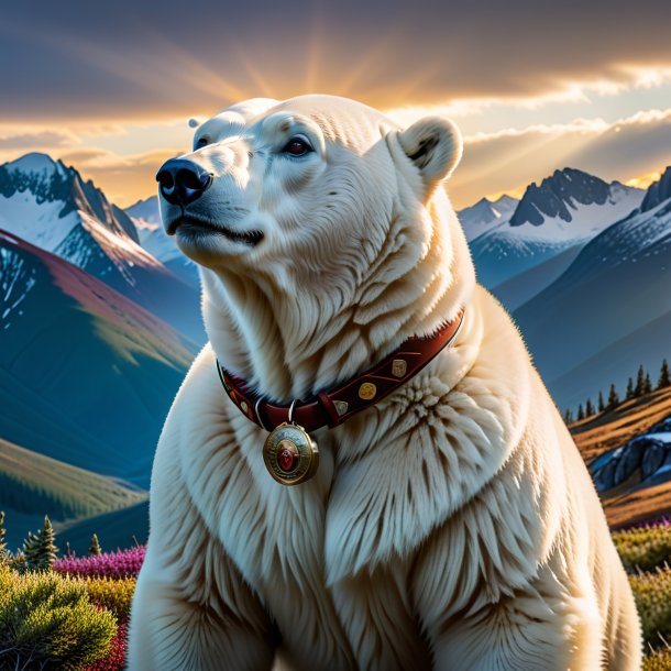 Foto de um urso polar em um cinto nas montanhas