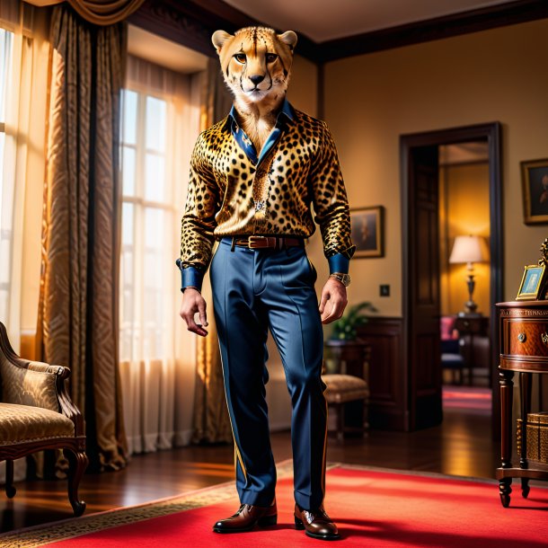 Photo of a cheetah in a trousers in the house