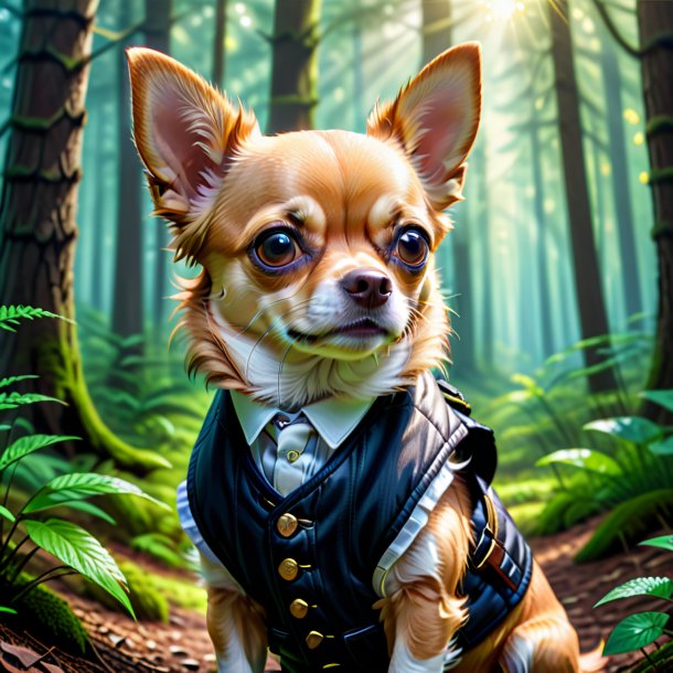 Dibujo de un chihuahua en un chaleco en el bosque