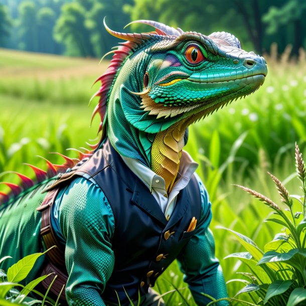 Picture of a basilisk in a vest in the meadow