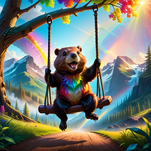 Image of a swinging on a swing of a beaver on the rainbow