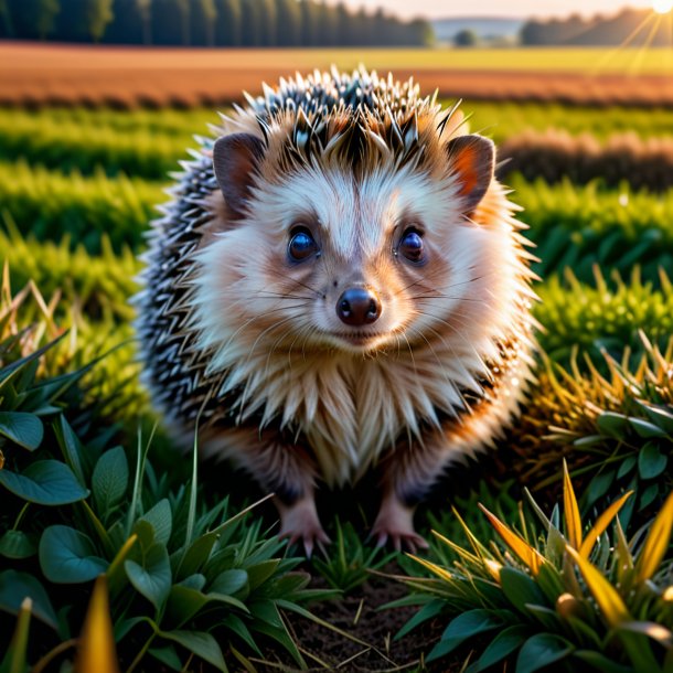 Photo of a hedgehog in a coat on the field