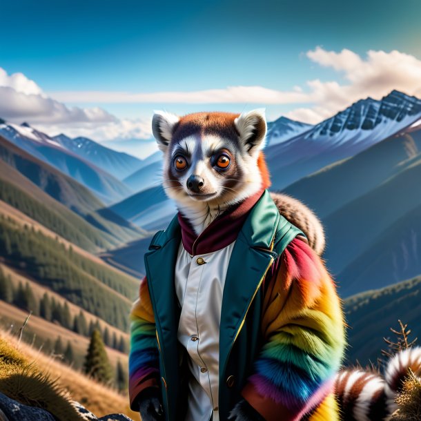 Photo of a lemur in a coat in the mountains