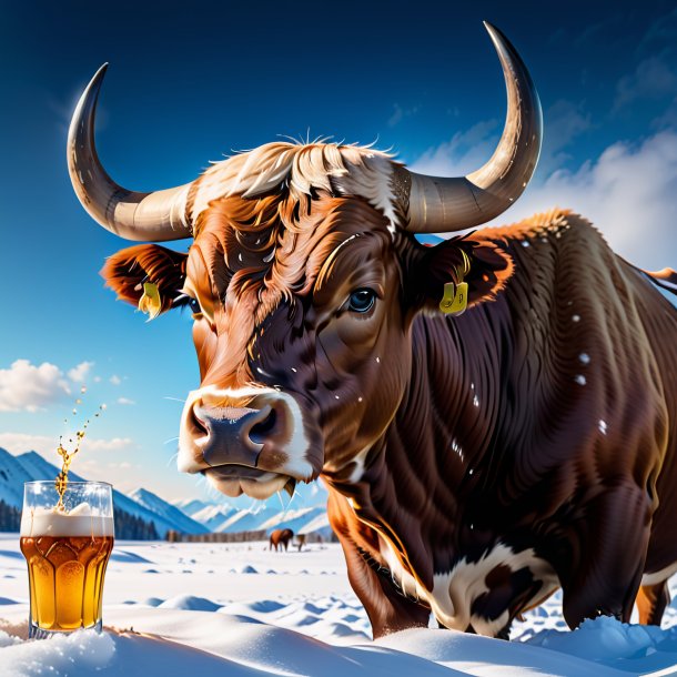 Photo of a drinking of a bull in the snow