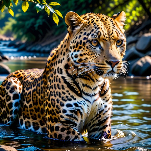 Foto de un leopardo en un vestido en el río