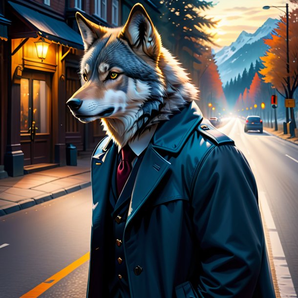 Drawing of a wolf in a coat on the road