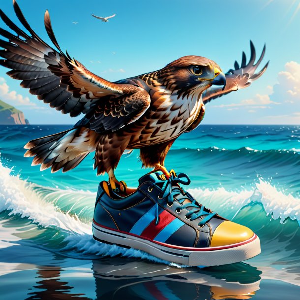 Illustration of a hawk in a shoes in the sea