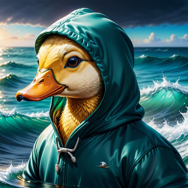 Drawing of a duck in a hoodie in the sea