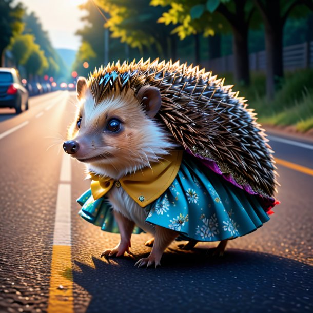 Drawing of a hedgehog in a skirt on the road