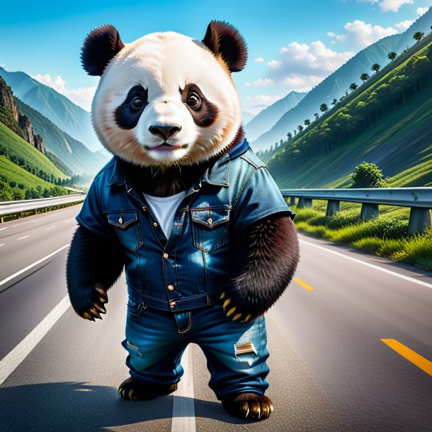 Picture of a giant panda in a jeans on the highway