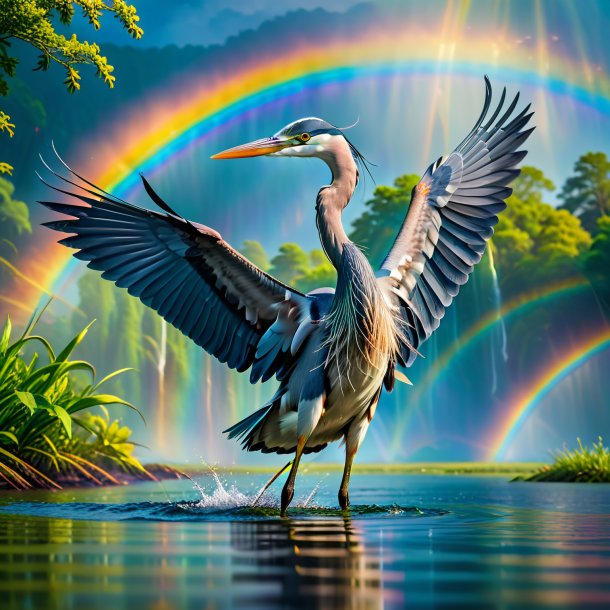 Image of a swimming of a heron on the rainbow