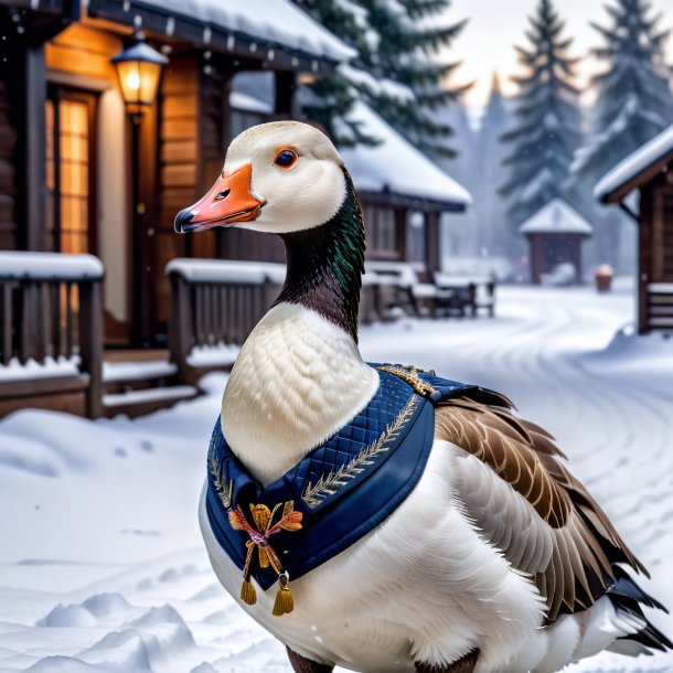 Photo of a goose in a vest in the snow