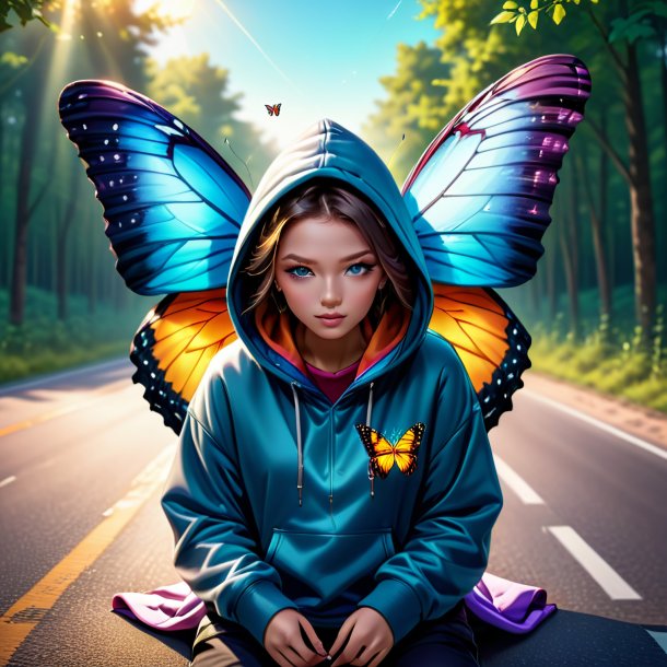 Illustration of a butterfly in a hoodie on the road