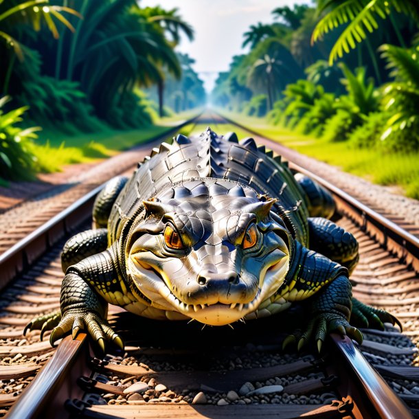 Foto de un descanso de un caimán en las vías del ferrocarril