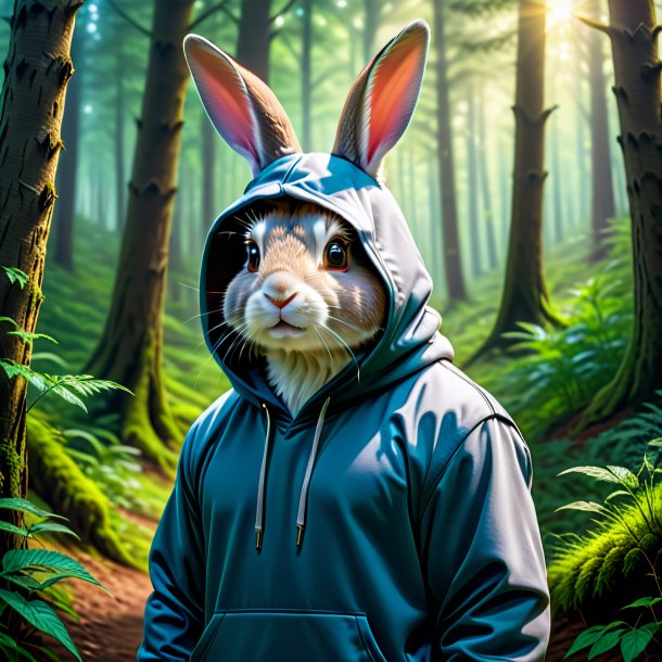 Retrato de um coelho em um hoodie na floresta