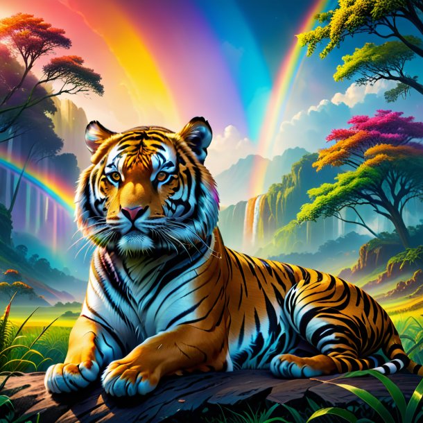 Image of a waiting of a tiger on the rainbow