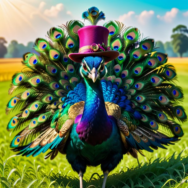 Foto de un pavo real en un sombrero en el campo