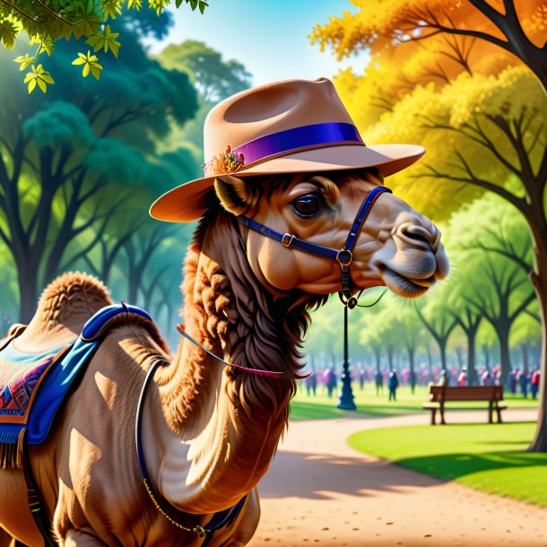 Illustration of a camel in a hat in the park