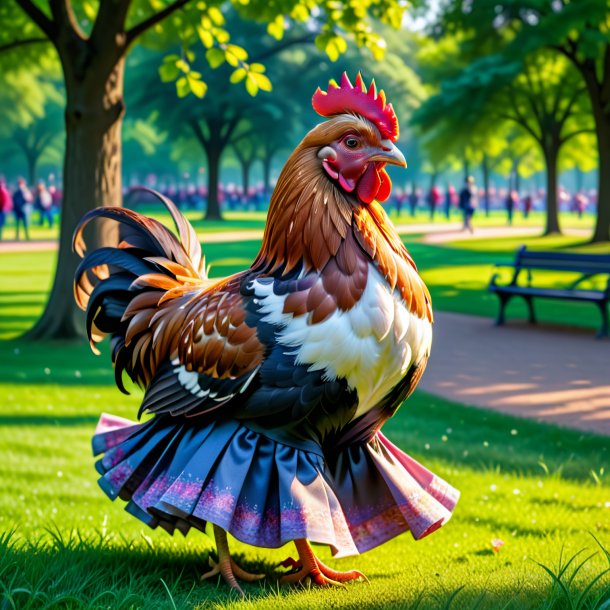 Foto de una gallina en una falda en el parque