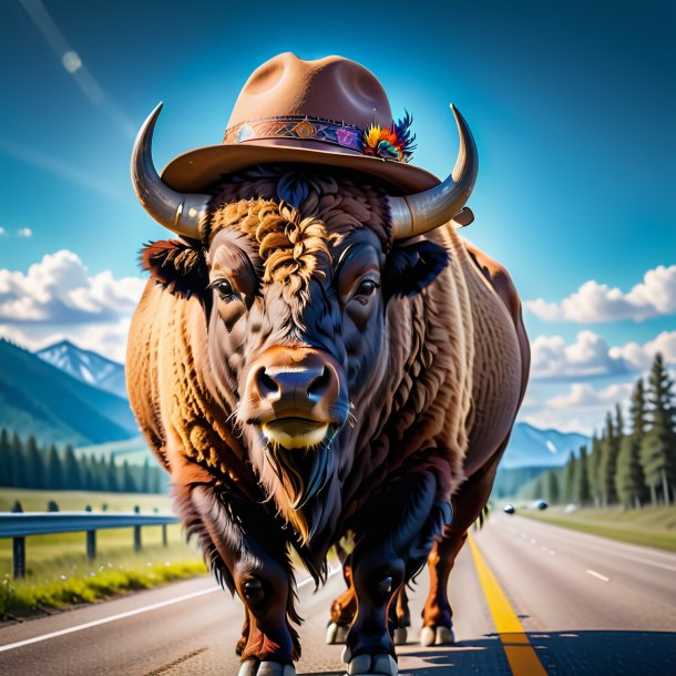 Image of a bison in a hat on the highway