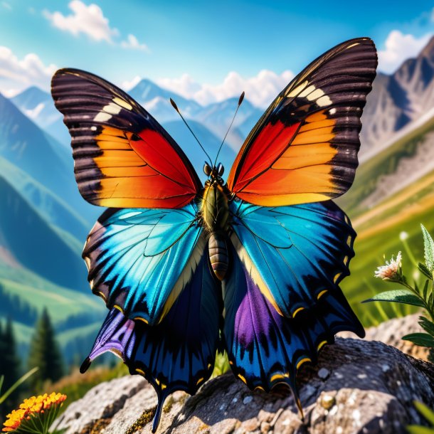 Photo of a butterfly in a vest in the mountains