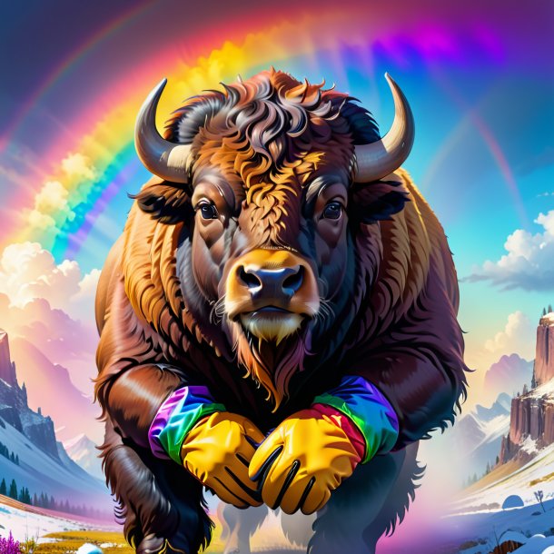 Illustration d'un bison dans un gants sur l'arc-en-ciel